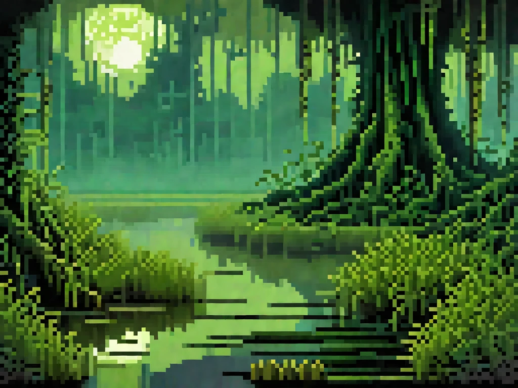 Create a detailed background image in SNES-style pixel art to represent the toxic swamps map. The scene should match the previously described swamp icon, featuring a murky, foreboding environment. Depict stagnant pools of greenish water with ripples and bubbles, surrounded by gnarled, twisted trees with bare or sickly branches. Add patches of dense, dark reeds and creeping vines, giving the landscape an overgrown and suffocating appearance. Include details like rising yellowish or greenish mist, faint glowing lights (like will-o’-the-wisps), and skeletal remains partially submerged in the swamp water. The ground should appear muddy, cracked, and uneven, with scattered patches of moss and decayed vegetation. The overall atmosphere should feel eerie and hazardous, with muted colors like deep greens, browns, and grays dominating the palette, enhanced by subtle highlights of glowing toxicity