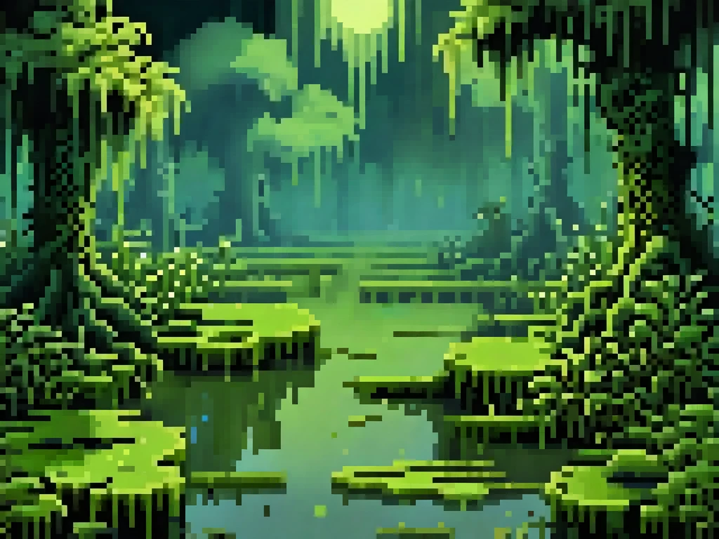 Create a detailed background image in SNES-style pixel art to represent the toxic swamps map. The scene should match the previously described swamp icon, featuring a murky, foreboding environment. Depict stagnant pools of greenish water with ripples and bubbles, surrounded by gnarled, twisted trees with bare or sickly branches. Add patches of dense, dark reeds and creeping vines, giving the landscape an overgrown and suffocating appearance. Include details like rising yellowish or greenish mist, faint glowing lights (like will-o’-the-wisps), and skeletal remains partially submerged in the swamp water. The ground should appear muddy, cracked, and uneven, with scattered patches of moss and decayed vegetation. The overall atmosphere should feel eerie and hazardous, with muted colors like deep greens, browns, and grays dominating the palette, enhanced by subtle highlights of glowing toxicity