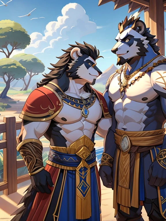 Male duo, stocky Anubis sitting in throne, sexy, thick body, loincloth bulge, small meek fox slave sitting in lap, making out, three-quarters angle, open-air temple, lush oasis background, by Arashi Takemoto