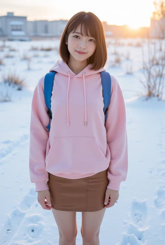 top quality 8k, high resolution, professional photographic, ultra detailed, 15mm film, portrait, (19 year old, beautiful Japanese female nearby, REIKA standing legs parted:1.3), beautiful very short bob cut:1.4, beautiful nape, (big hip best proportion:1.5), arms behind back, (blue backpack, brown-skirt, too large pink hooded sweatshirt, "Japanese businessman":1.4), (thick thigh smooth thigh radiant thigh focus), ((too very blushing tareme)), (ultra detailed sunrise backlighting:1.5), (good depth fied, on Footprints in Snow:1.5), (from above close up face:1.3),  