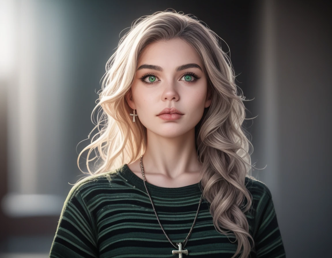 Cute girl. Light skin, skinny. long hair, dirty blonde hair, natural hair texture, thin lips, soft jawline, oval face, high cheekbones, natural eyebrows, slightly pointed nose, green eyes, pale skin, no visible makeup, straight nose, long neck, youthful appearance, slightly messy hairstyle, natural hair color. Detailed face. Black and green sweater, striped sweater, black stripes, green stripes, distressed sweater, long sleeves, oversized fit, crew neck, gray cargo pants, wide-leg pants, side pockets, utility style, black sneakers, white socks, low-top sneakers, lace-up sneakers, green shoulder bag, soft fabric bag, casual style, layered necklaces, cross pendant. Character concept. Grim atmosphere, gothic colours, shocking atmosphere, photorealistic details, chiaroscuro, sensual and dramatic lighting. Moody, intricate details, masterpiece, ultra detailed, high quality, 8k, best quality, realistic shadows, sharp focus, cinematic, dark and brooding, expressionistic, powerful composition, emotional impact. Ultra realistic photo, logic anatomy, realistic skin, inspired by real life photos. Detailed fingers, detailed hands, detailed face.