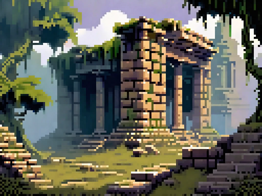 Create a detailed background image in SNES-style pixel art to represent the exterior of ancient ruins. The scene should match the previously described ruins exterior icon, featuring crumbling stone structures from a forgotten temple. Include broken pillars, shattered walls, and overgrown vegetation like moss, vines, and small shrubs climbing over the ruins. The ground should be uneven, with scattered debris and cracked stone tiles. Add faintly visible carvings or inscriptions on some of the stones to suggest the site’s ancient history. Surround the ruins with a faint, eerie smog or mist, and incorporate subtle details like skeletal remains or glowing lights in the distance to hint at lurking undead. The background should include dark, overcast skies with muted gray and green tones, enhancing the desolate, mysterious atmosphere of the ruins while evoking a sense of danger