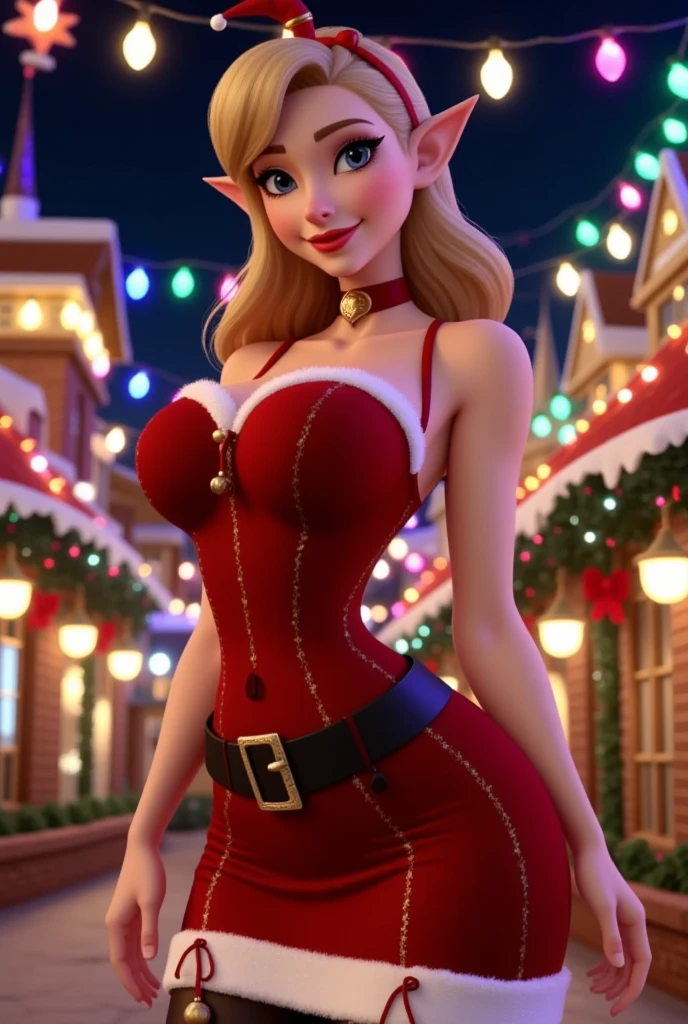 (muscular, thick thighs, wide hips, huge perky ass:1.3), very fair pale white skin, huge blue eyes, long white hair, (most beautiful woman on earth, detailed face and eyes:1.5), professional photoshoot, looking at viewer, masterpiece, best quality, 8K HDR, huge breasts, 85mm photo, shallow depth of field, tack sharp, solo, 1girl, (face extremely close to camera, from front, leaning into camera, cleavage:1.5), plump full lips, exaggerated hourglass physique, shredded fit body, zero body fat, muscle definition, striations, broad shoulders, deltoids, tiny waist, long lean torso, shredded eight pack abs, obliques, real hands, (very slender Mrs. Claus, short bodycon red dress, seductive smile, flirting with bouncer, winter night, waiting outside nightclub:1.2), flexing biceps and legs