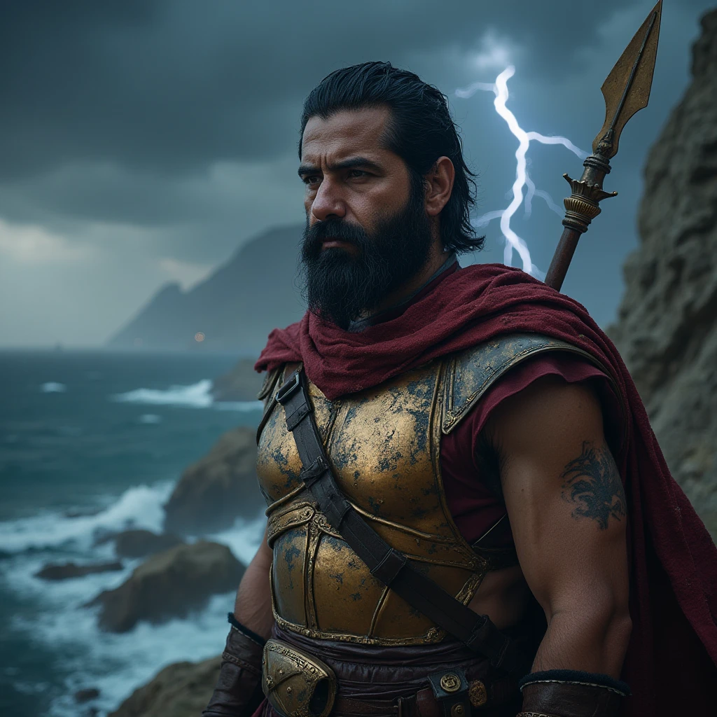 A ruggedly masculine 38-year-old man, depicted in ultra-realistic detail, wearing a modernized Assassin’s Creed Odyssey-inspired outfit. His textured face shows resolve and intensity, framed by a Spartan-style helmet pushed back onto his hooded cape. He stands on a rocky cliff overlooking a raging sea, with lightning illuminating the wreckage of ships below. His bronze chest plate is scratched and dented, bearing the marks of battle. In one hand, he holds a glowing spear reminiscent of Leonidas’s, while his hidden blade glimmers ominously on the other. The backdrop of crashing waves and dark storm clouds enhances the sense of epic peril.

