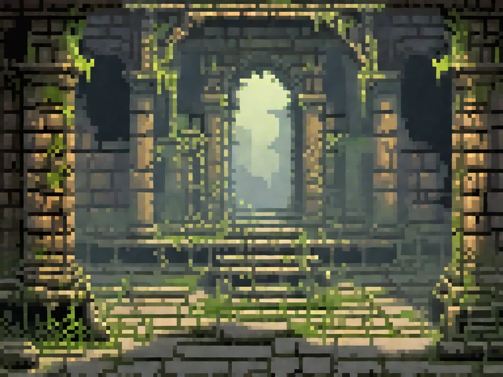 Create a detailed background image in SNES-style pixel art to represent the interior of ancient, crumbling ruins. The scene should match the previously described ruins interior icon, focusing on a single, ominous chamber within a forgotten temple. Depict weathered stone walls etched with faint, faded carvings and cracks running through their surfaces. The floor should be made of uneven stone tiles, some broken or missing, with moss and small plants growing in the gaps. Include an eerie central feature such as a broken altar, a glowing magical sigil, or scattered bones to hint at its sinister history. Dim, greenish or bluish light should seep in from unknown sources, casting long, dramatic shadows across the room. Add subtle details like cobwebs in the corners, drifting fog, or flickering torchlight on the walls to create a haunting, mysterious atmosphere. Use muted grays, browns, and greens to emphasize the decayed and eerie environment