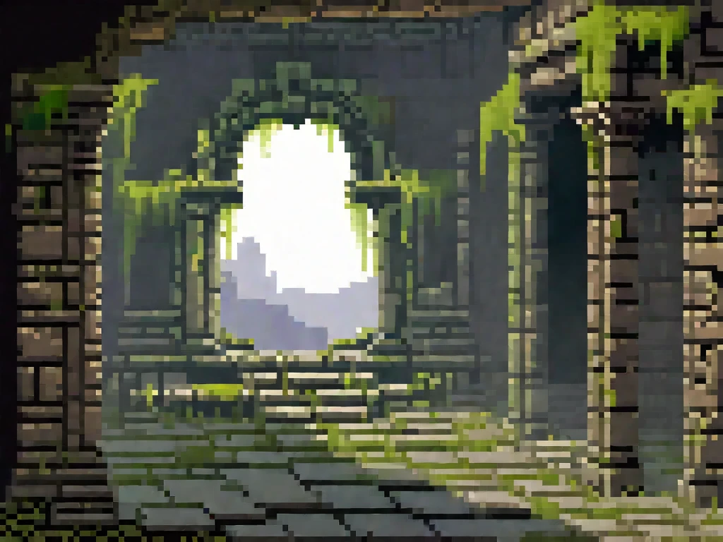 Create a detailed background image in SNES-style pixel art to represent the interior of ancient, crumbling ruins. The scene should match the previously described ruins interior icon, focusing on a single, ominous chamber within a forgotten temple. Depict weathered stone walls etched with faint, faded carvings and cracks running through their surfaces. The floor should be made of uneven stone tiles, some broken or missing, with moss and small plants growing in the gaps. Include an eerie central feature such as a broken altar, a glowing magical sigil, or scattered bones to hint at its sinister history. Dim, greenish or bluish light should seep in from unknown sources, casting long, dramatic shadows across the room. Add subtle details like cobwebs in the corners, drifting fog, or flickering torchlight on the walls to create a haunting, mysterious atmosphere. Use muted grays, browns, and greens to emphasize the decayed and eerie environment