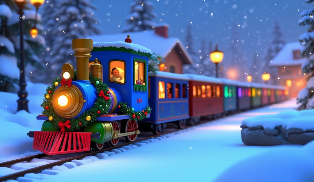 A side-on Pixar-style cartoon close-up shot of the blue Christmas train wagons in motion, stretching horizontally across the frame. The vibrant blue paint gleams under the soft winter light, while garlands with baubles and red bows sway gently from the edges of the wagons.  

The train tracks below are slightly blurred, with soft clouds of snow spraying up as the train rushes forward. The frosted windows glow faintly, revealing hints of cozy, illuminated interiors. Snowflakes drift gently in the air, adding a magical holiday touch.  