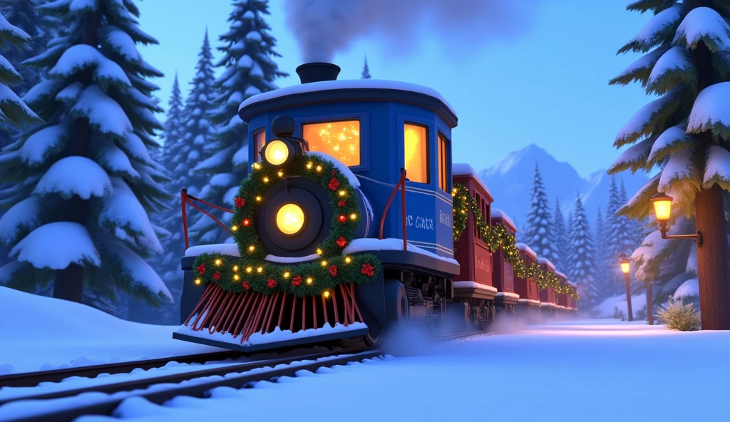 A dynamic Pixar-style cartoon close-up of the blue wagons of a Christmas train racing through a snowy Winter Wonderland. The wagons, fully decorated with garlands and twinkling lights, appear blurred slightly from the motion.  

Frosted windows glow warmly, their light reflecting faintly on the snow-covered ground. In the background, towering pine trees and falling snowflakes create a serene winter backdrop, contrasting with the train’s rapid movement. The glowing decorations add a cheerful, festive touch to the vibrant blue wagons.  