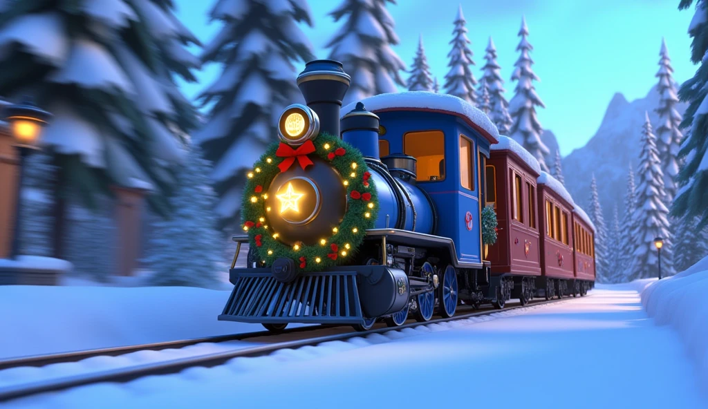 A Pixar-style cartoon over-the-shoulder shot of the blue wagons of a Christmas train as it rushes past the viewer. The wagons, painted a rich blue, are adorned with glowing fairy lights, festive garlands, and neatly tied red ribbons, all blurred in motion.  

In the foreground, snow-covered train tracks stretch toward the horizon, while the blurred pine trees and frosted snowbanks in the background emphasize the train’s speed. The golden glow of the frosted windows adds warmth to the otherwise icy winter landscape.  