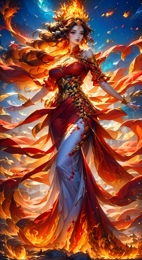 full body:1.1), full-size image of 1girll, detailed and dynamic 2.5D style, Depth of field, official art, Unity 8k wallpaper, Ultra detailed, illustration, Beautiful and aesthetic, Masterpiece, Best quality, cavalier, female warrior, (Big breasts), (A MILF, Mature female), A regal fire goddess, empress of fire, stands majestically before a blazing red and blue background, her fiery wings spread wide like a phoenix's. Radiant energy emanates from her presence, as she wears a flowing red and black attire adorned with intricate ornate patterns. Her golden crown resembles face of a phoenix, exuding divine power. Red hair cascades around her shoulders, fiery glow. The landscape behind her is an otherworldly realm of glowing embers, swirling fire, and ethereal light, evoking celestial power and mysticism. Warm hues of red, orange, and gold dominate the scene, contrasted by soft purples