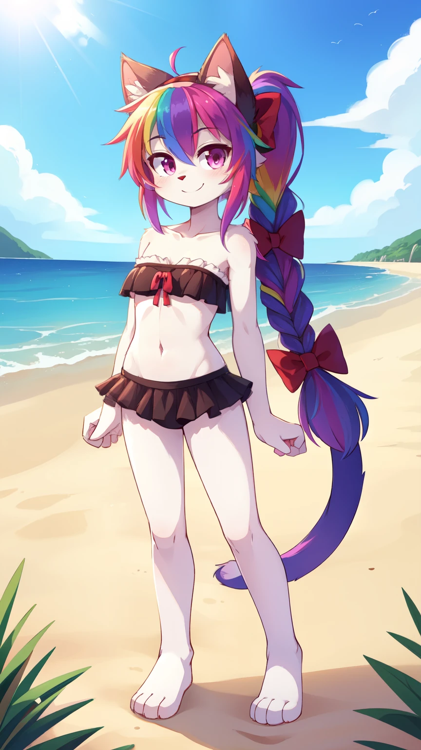furry girl, young, cat, red hair, Knight bangs hairstyle, long wavy ponytail, anime style, medium breasts, blue eyes, red vest, open clothes, yellow bikini, purple skirt, princess crown, beach, high quality, detailed body, detailed eyes, detailed face, masterpiece, glistening body, shiny body, detailed body fur, best quality, two tone body, pink fur, clear pink fur, skinny, sassy face, :3, feets whit three toes, full body, looking at you,