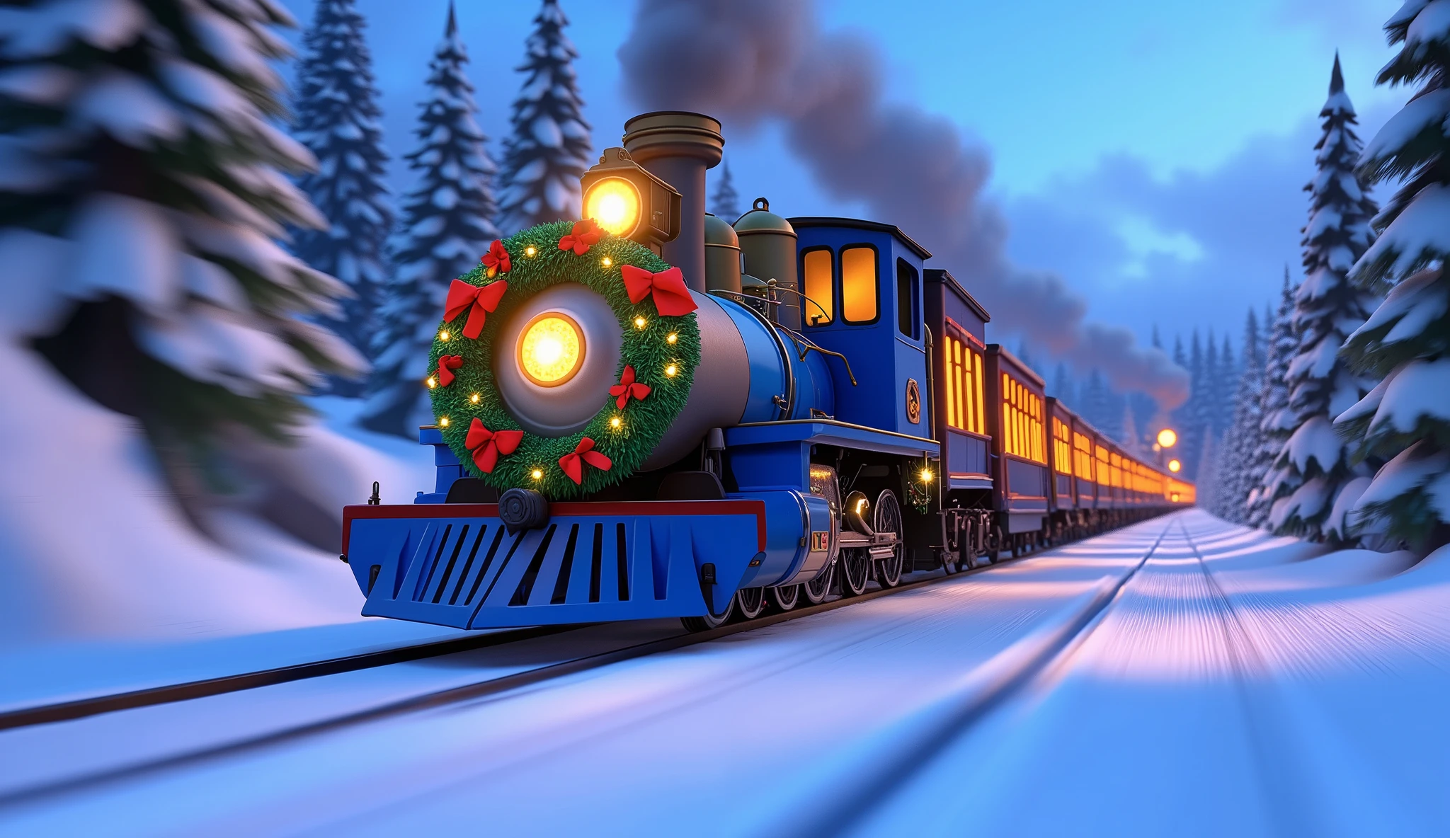 A Pixar-style cartoon over-the-shoulder shot of the blue wagons of a Christmas train as it rushes past the viewer. The wagons, painted a rich blue, are adorned with glowing fairy lights, festive garlands, and neatly tied red ribbons, all blurred in motion.  

In the foreground, snow-covered train tracks stretch toward the horizon, while the blurred pine trees and frosted snowbanks in the background emphasize the train’s speed. The golden glow of the frosted windows adds warmth to the otherwise icy winter landscape.  