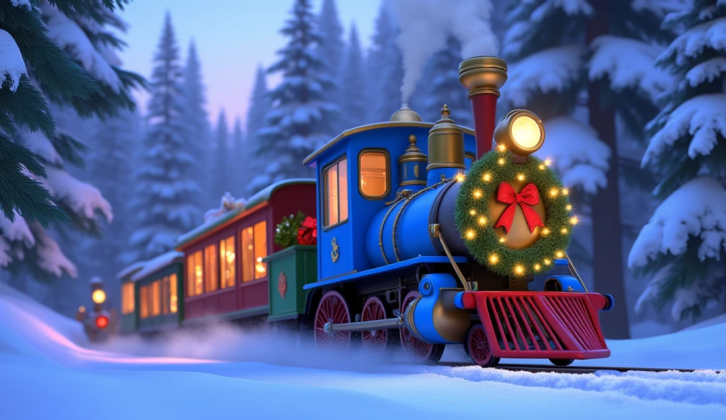 A Pixar-style cartoon close-up shot of a fully blue Christmas train with every wagon painted a vibrant blue, speeding through a snowy pine forest. Each wagon is decorated with glowing garlands, twinkling fairy lights, and neatly tied red ribbons that sparkle in the frosty air.  

The frosted windows on each blue wagon glow warmly, hinting at cozy interiors. Snow sprays dynamically from the tracks as the train glides forward, while the blurred snowy trees in the background add a sense of speed and magic.  