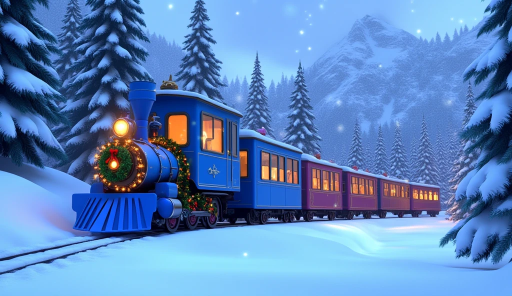 A wide Pixar-style cartoon shot of a fully blue Christmas train running through a pristine Winter Wonderland landscape. Every wagon, from the locomotive to the caboose, is painted a vibrant blue and adorned with glowing garlands, shiny red ornaments, and festive wreaths.  

The train’s frosted windows glow warmly, reflecting the softly falling snowflakes outside. Snow-covered pine trees line both sides of the tracks, creating a natural frame for the train’s magical journey through the snowy countryside. The bright blue color of the wagons contrasts beautifully with the white, wintry landscape.  