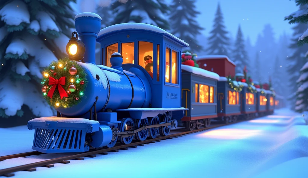 A side-profile Pixar-style cartoon shot of a fully blue Christmas train running smoothly on snow-covered tracks. Every wagon, painted a bright, frosty blue, stretches horizontally across the frame. The festive decorations include glowing fairy lights, garlands with shiny baubles, and neatly tied red bows, adding vibrant holiday cheer.  

The frosted windows on each wagon glow softly, revealing cozy, golden-lit interiors. Snow sprays up dramatically from the steel wheels as the train glides forward, while blurred pine trees and falling snowflakes frame the motion-filled scene.  