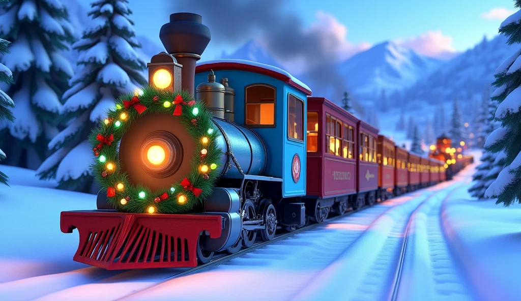 A Pixar-style cartoon close-up of the vibrant blue wagons of a Christmas train rushing through a snow-covered valley. Each wagon is fully painted in rich, frosty blue and decorated with glowing fairy lights, garlands with ornaments, and red ribbons that sway with the train’s motion.  

The frosted windows glow faintly with warm light, while the snow-covered ground reflects the shimmering decorations. Blurred pine trees and snowy hills in the background emphasize the speed and energy of the train.  