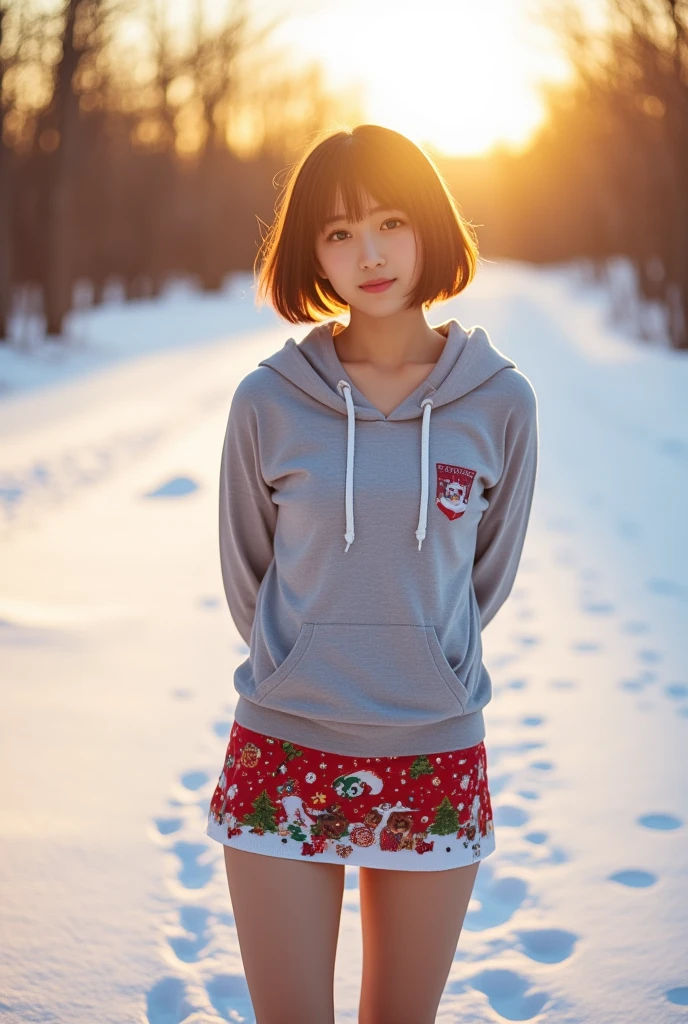 top quality 8k, high resolution, professional photographic, ultra detailed, 15mm film, portrait, (19 year old, beautiful Japanese female nearby, REIKA standing legs parted:1.3), beautiful very short bob cut:1.4, beautiful nape, (big hip best proportion:1.5), arms behind back, ( x'mas-skirt, x'mas hooded sweatshirt, "Japanese businessman":1.4), (thick thigh smooth thigh radiant thigh focus), ((too very blushing tareme)), (ultra detailed sunrise backlighting:1.5), (good depth fied, on Footprints in Snow:1.5), (from above close up face:1.3),  