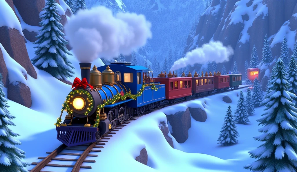 An aerial Pixar-style cartoon shot of a vibrant blue Christmas train winding its way through snowy mountain peaks under a clear winter sky. The sleek train is fully decorated with glowing garlands, shiny red baubles, and festive ribbons, while its frosted windows emit a warm, golden glow.  

Below, a deep valley lies covered in a pristine blanket of snow, with pine trees scattered across the rocky cliffs. Wisps of white smoke rise from the locomotive’s chimney, blending into the crisp, icy air. The train curves gracefully along the mountainside, its wagons leaving parallel tracks in the untouched snow, creating a magical and cinematic winter scene.  