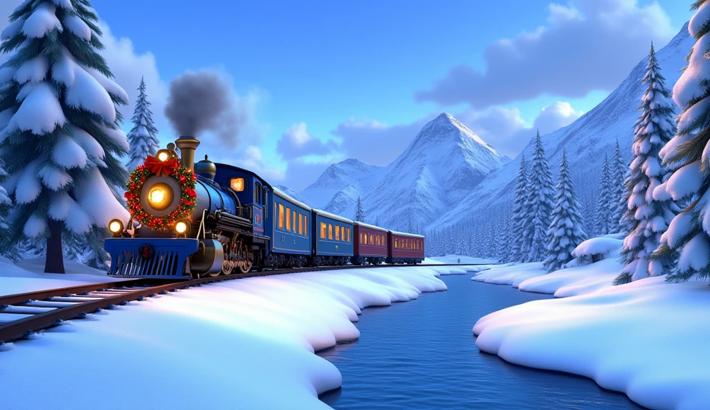 A wide Pixar-style cartoon shot of a blue Christmas train running through a vast, snow-covered valley surrounded by distant snowy hills. The train’s sleek blue wagons glisten under the soft sunlight, decorated with glowing garlands, red bows, and twinkling fairy lights.  

The frosted pine trees lining the valley stand tall and motionless, while the falling snowflakes add a peaceful, magical ambiance. The train’s golden-lit windows glow warmly, and its steady trail of white smoke rises against the serene blue sky. A single frozen river snakes through the valley, reflecting the soft, icy light.  