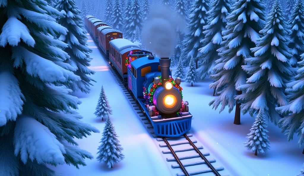 A high drone-style Pixar cartoon shot of a blue Christmas train cutting through dense snowy woods. The towering pine trees, covered in thick layers of frost, line both sides of the railway tracks, their tops almost touching the falling snow.  

The train, fully decorated with festive garlands and shimmering ornaments, stands out against the white landscape. Its blue wagons blur slightly with motion, leaving clear tracks in the snow-covered ground below. The soft golden glow from its windows contrasts with the cold, silvery tones of the forest, creating a magical winter moment.  