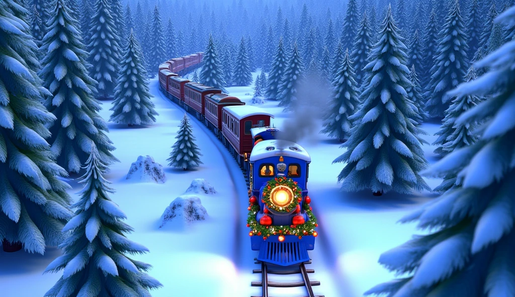 A high drone-style Pixar cartoon shot of a blue Christmas train cutting through dense snowy woods. The towering pine trees, covered in thick layers of frost, line both sides of the railway tracks, their tops almost touching the falling snow.  

The train, fully decorated with festive garlands and shimmering ornaments, stands out against the white landscape. Its blue wagons blur slightly with motion, leaving clear tracks in the snow-covered ground below. The soft golden glow from its windows contrasts with the cold, silvery tones of the forest, creating a magical winter moment.  