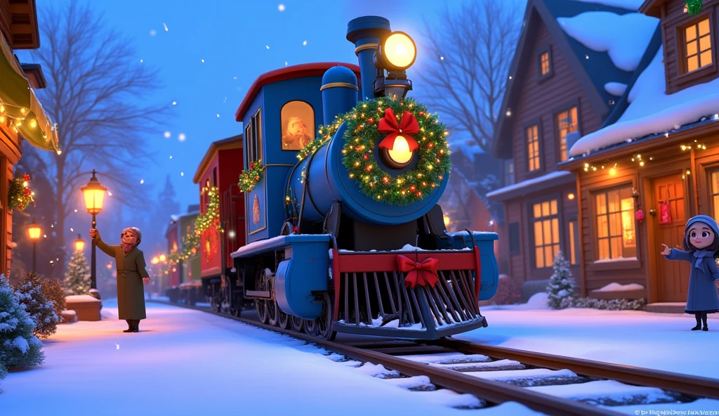 A close-up Pixar-style cartoon shot of a blue Christmas train passing through a quaint snowy town. The wagons are adorned with glowing fairy lights, red ribbons, and large festive wreaths on the sides, while its frosted windows reveal cozy, warm interiors.  

The train tracks run through the center of the little town, where brightly lit wooden houses with snow-covered roofs stand on either side. Tiny lamp posts and strings of fairy lights illuminate the cobblestone streets, and townsfolk bundled in scarves and coats wave cheerfully as the train passes by. Snow gently falls from the sky, coating everything in a serene, festive glow.  