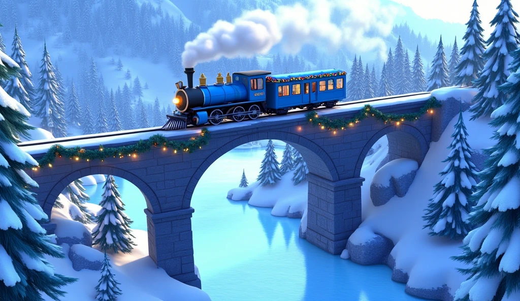 An aerial Pixar-style cartoon shot of a blue Christmas train crossing a tall, arched bridge over a frozen river in the heart of a snowy Winter Wonderland. The train’s wagons, fully decorated with garlands and twinkling lights, stretch gracefully across the bridge as white smoke from the chimney swirls into the crisp air.  

Below, the icy river reflects the pale blue sky and the towering snow-dusted pine trees lining its banks. The train’s glowing windows stand out against the serene white landscape, while snowflakes fall gently, enhancing the peaceful holiday atmosphere.  