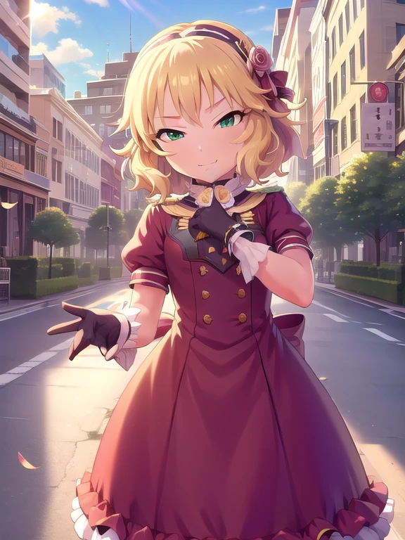 (masterpiece,  top quality:1.2), Illustration, ( 1 girl in uniform,Alone), nsfw,  watches viewers,  sunny day,  shining sunlight , city
, short blonde hair,  green eyes, hair, smile, , wavy hair, hairband, flower, hair ornament, bow, gem,  Rose
,  dress, frills,  gloves 
,  happy  
, Put your hands on your neck