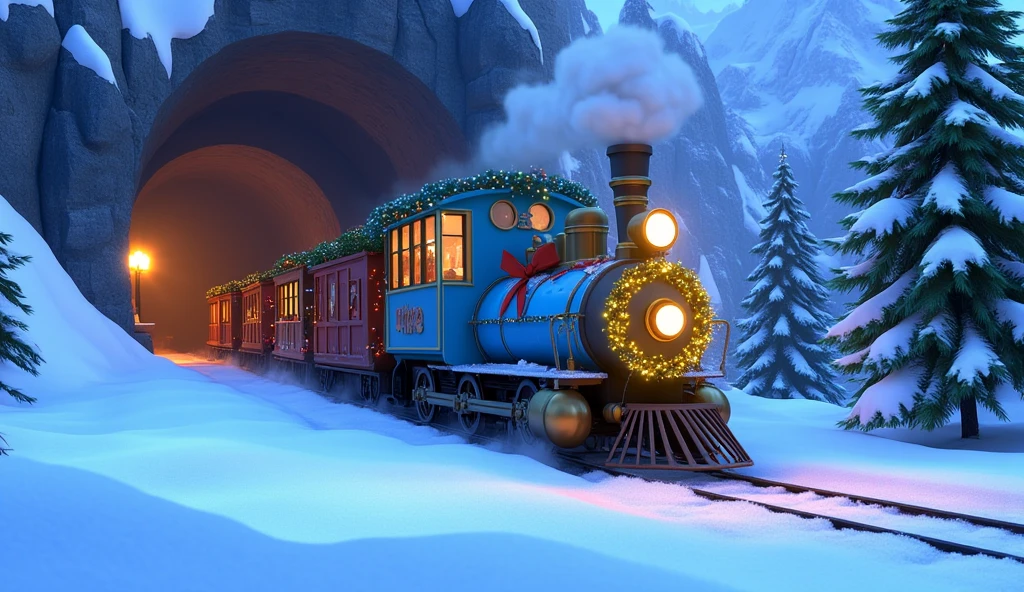 A wide Pixar-style cartoon shot of a blue Christmas train emerging from a snow-covered tunnel carved into the side of a towering mountain. The train’s bright blue wagons are adorned with glowing garlands, festive ribbons, and shining ornaments that sparkle against the frosty rock walls.  

The locomotive’s chimney releases a puff of white smoke that blends into the falling snow, while the frosted windows of the train emit a cozy golden glow. Around the tunnel, tall pine trees cling to the mountainside, their branches weighed down with thick layers of snow.  