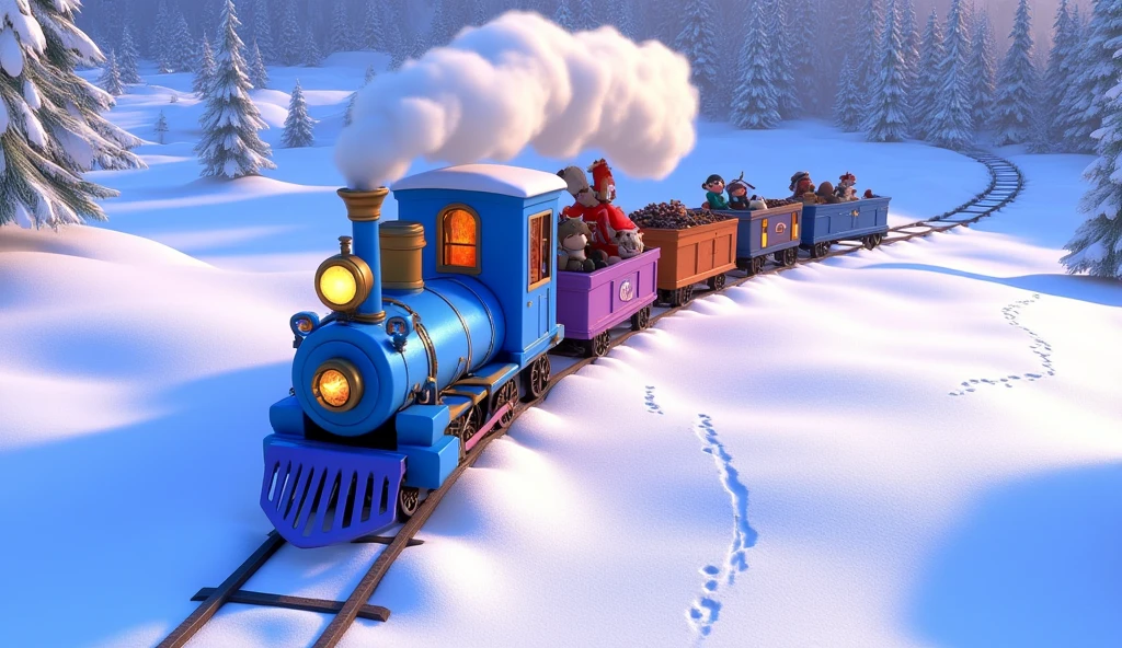 A high drone-style Pixar cartoon shot of a blue Christmas train crossing an open snowy meadow surrounded by distant hills and leafless winter trees. The train’s wagons, decorated with glowing fairy lights and red ribbons, create a bright streak of color against the endless white landscape.  

The meadow’s untouched snow glistens in the pale sunlight, and tiny animal tracks are visible near the railway tracks, adding a magical and whimsical touch. The train’s trail of white smoke drifts upward into the clear winter sky as the frosted windows glow warmly from within.  