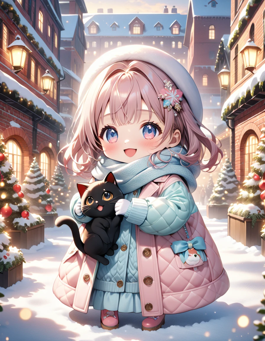 (masterpiece, ultra-detailed, best quality, clear focus, dramatic scene, cinematic), shadow, (ultra-high resolution, 8k), perfect anatomy, perfect face, (detailed face, detailed eye, chibi), cute Japanese chibi girl, famous Japanese chibi idol, very beautiful and cute and cool face, (wearing a pastel colored stylish winter outfit with long coat, woolen scarf and glove:1.2), (large breasts), (She is standing in the port of an old red brick warehouse:1.3), the warehouses are festively decorated with Christmas illuminations, she looks so happy, happy smile, there are festively decorated Christmas trees, Amazing view of the Luxury cruise ships docked in the harbor and glamorously decorated red brick warehouses, (she is holding a very cute giant black cat:1.3), the cat wirh scarf is mewing and purring