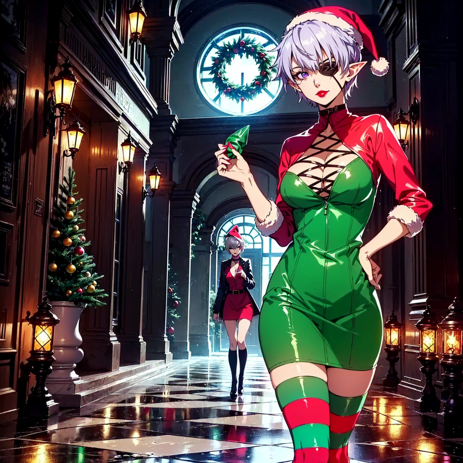 (1girl, Alone, alone), (najenda, short hair, (eye patch, purple eyes:1.3), grey hair, eyepatch, eye patch, single mechanical arm, Silver Hair,Short Hair, lilac eyes), ((Alone, (1woman,pink lipstick ), extremely detailed , Soft ambient lighting, 4K, perfect eyes, a perfect face, Perfect Lighting, the 1 girl)), ((fitness, , shapely body, athletic body, toned body)) ,  ((elf costume, santa elf, christmas elf outfit, green outfit, red outfit, felt, jingle bells, green dress green and red dress, striped socks, red and white socks, high heels, christmas hat, lining, christmas decoration, christmas trees, flowers, gifts, garlands, window, night, smug, marble floor, red lipstick, smug))