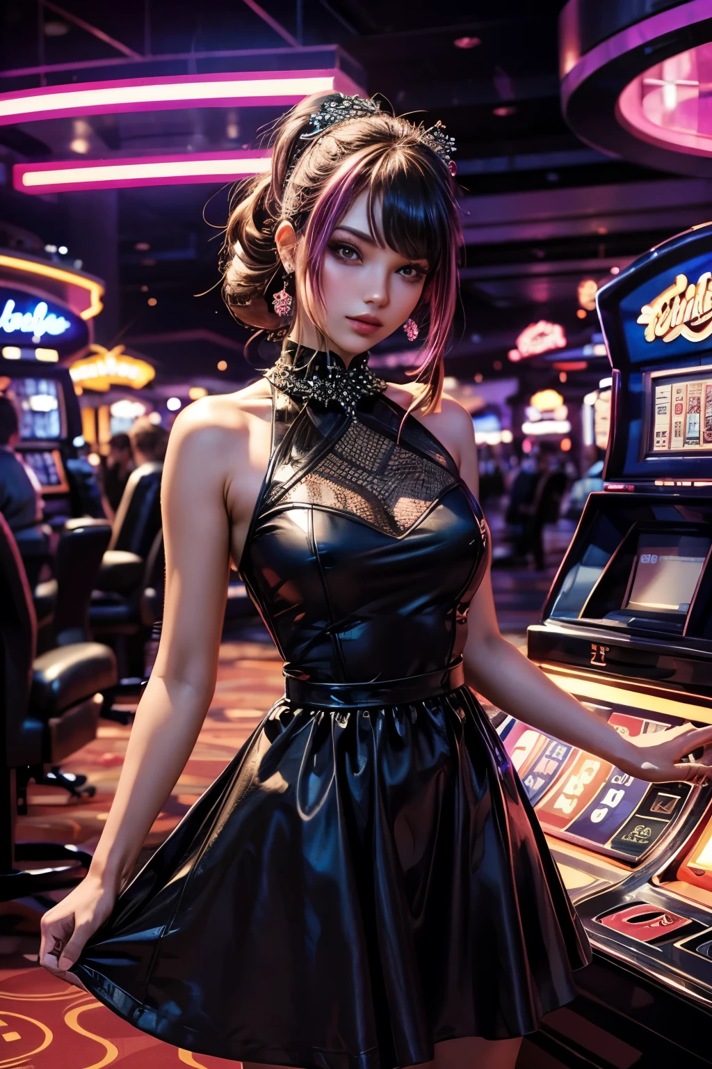 ultra realistic 8k cg, flawless, masterpiece, solo, 1girl , <lora:doa_ayane:0.7>, ayane, casino, rich, dress, necklace, earrings, sitting