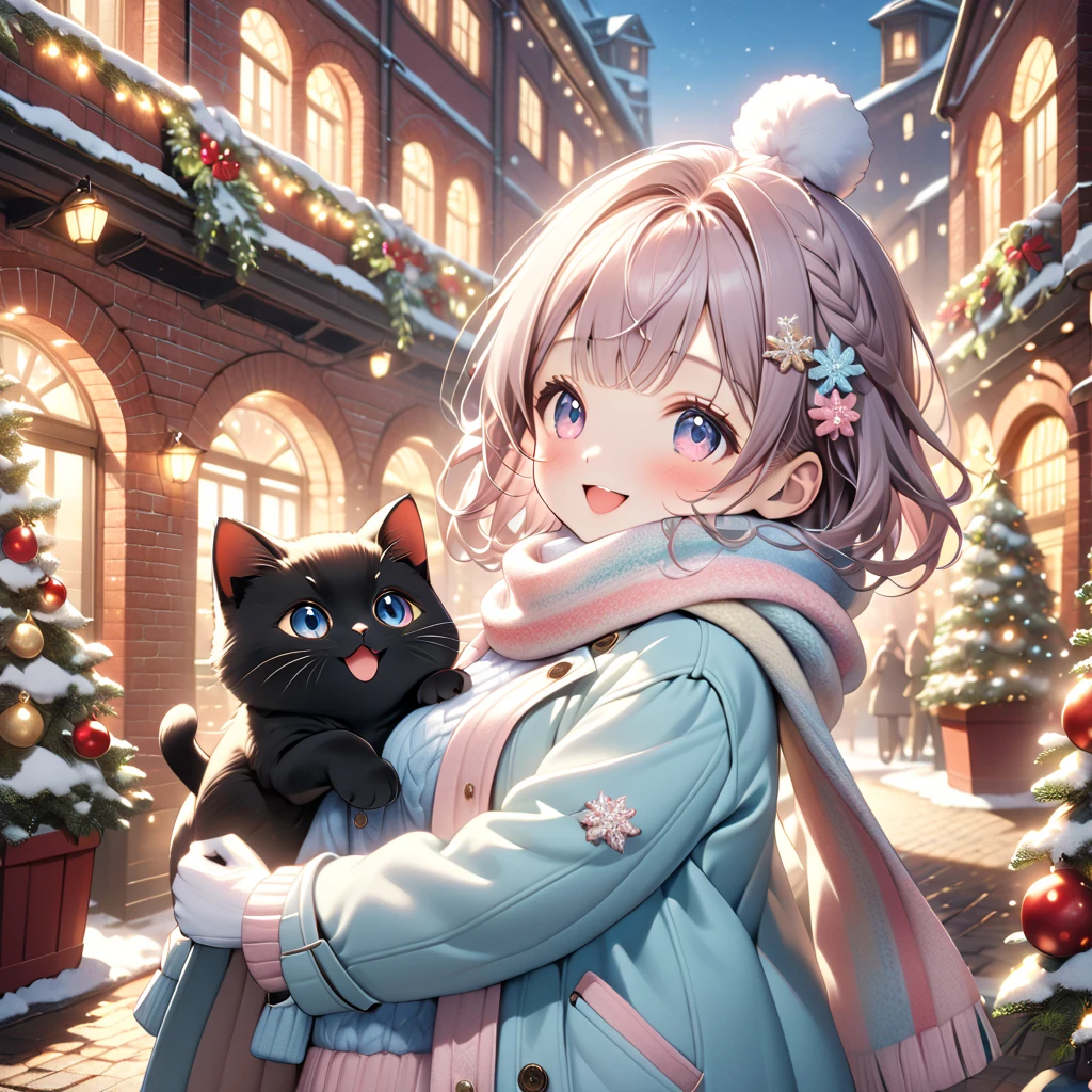 (masterpiece, ultra-detailed, best quality, clear focus, dramatic scene, cinematic), shadow, (ultra-high resolution, 8k), perfect anatomy, perfect face, (detailed face, detailed eye, chibi), cute Japanese chibi girl, famous Japanese chibi idol, very beautiful and cute and cool face, (wearing a pastel colored stylish winter outfit with long coat, woolen scarf and glove:1.2), (large breasts), (She is standing in the port of an old red brick warehouse:1.3), the warehouses are festively decorated with Christmas illuminations, she looks so happy, happy smile, there are festively decorated Christmas trees, Amazing view of the Luxury cruise ships docked in the harbor and glamorously decorated red brick warehouses, (she is holding a very cute giant black cat:1.3), the cat wirh scarf is mewing and purring