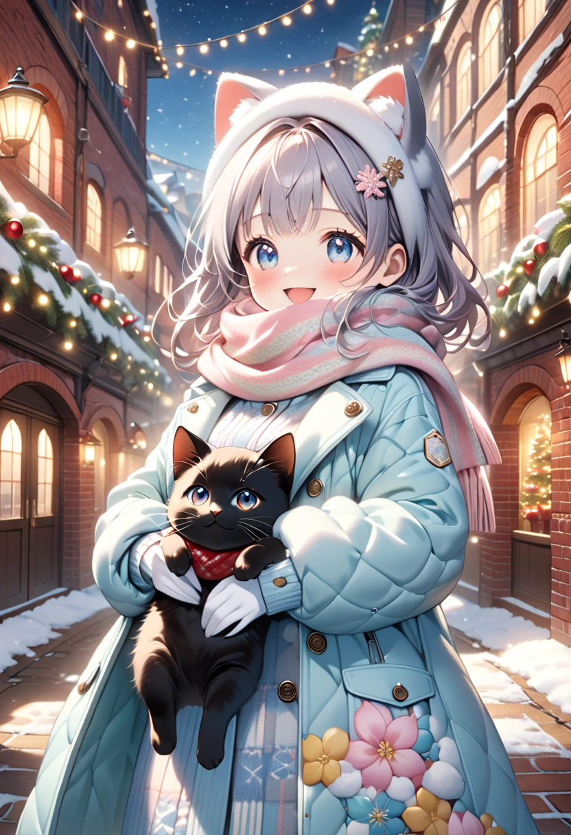 (masterpiece, ultra-detailed, best quality, clear focus, dramatic scene, cinematic), shadow, (ultra-high resolution, 8k), perfect anatomy, perfect face, (detailed face, detailed eye, chibi), cute Japanese chibi girl, famous Japanese chibi idol, very beautiful and cute and cool face, (wearing a pastel colored stylish winter outfit with long coat, woolen scarf and glove:1.2), (large breasts), (She is standing in the port of an old red brick warehouse:1.3), the warehouses are festively decorated with Christmas illuminations, she looks so happy, happy smile, there are festively decorated Christmas trees, Amazing view of the Luxury cruise ships docked in the harbor and glamorously decorated red brick warehouses, (she is holding a very cute giant black cat:1.3), the cat wirh scarf is mewing and purring