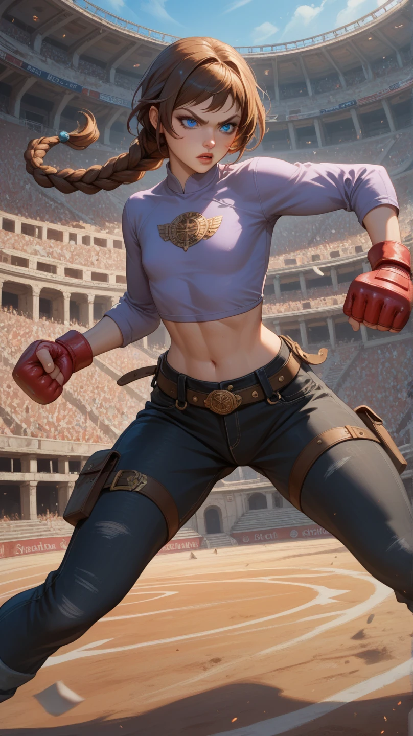 a Japanese, (((1girl solo focus))), bun hairstyle, brown hair color, masculine jaw, (Wearing Chest Sarashi:1.3), (Long Skirts:1.3), Athletic physique, 16k, extremely detailed, ultra quality face, medium shots, masterpiece, realistic, medium shots, (Gladiator Arena Background:1.3), Fighting Tournament, Smug smile, Crowded Arena