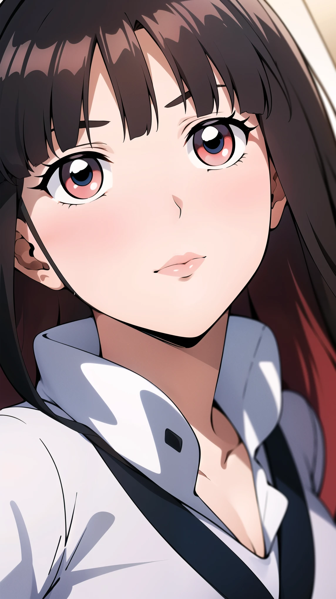 full body, school uniform, red tie, white shirt, blue sweater vest, pleated skirt, hair clip, hair ornament, red eyes:1.2, red pupils:1.2, red lips:1.2, bangs, brunette hair, black hair, long hair,1 girl, 18yo, young female, slim body, curvy body, beautiful finger, Beautiful long legs, Beautiful body, Beautiful Nose, Beautiful character design, perfect eyes, perfect face, expressive eyes, perfect balance, looking at viewer,(Focus on her face),closed mouth, (innocent big eyes:1.0),(Light Smile:0.3),official art, extremely detailed CG unity 8k wallpaper, perfect lighting, Colorful, Bright Front face Lighting, White skin,(masterpiece:1.0),(best quality:1.0), ultra high res,4K,ultra-detailed,photography, 8K, HDR, high-res, absurdres:1.2, Kodak portra 400, film grain, blurry background, bokeh:1.2, lens flare, (vibrant color:1.2),professional photograph,(Beautiful, big breasts:1.2), (beautiful face:1.5),(narrow waist),