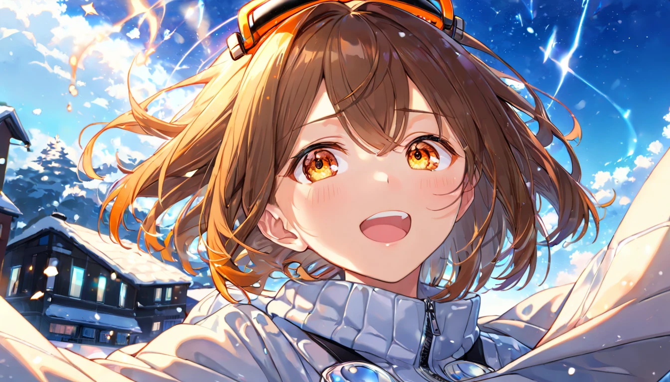 background：Square、 with a clear winter sky spreading out 。  
expression： squinting and looking up at the blue sky 。  
Costume： long coat and sneakers 。  
 pose：Squareの真ん中に立ち、 taking a deep breath while putting one hand on her chest。  
scene：( brown-haired girl wearing headphones ), (澄んだ冬空のSquareでのんびり過ごす), (glowing:1.4), ( very detailed , masterpiece,  top quality,  bright ), ( Anime Style), ( upper body or close-up ), ( orange eyes), (masterpiece:1.2), (best quality), (ultra detailed), (extremely detailed), (absolutely resolution), absurdres, 8k, 1girl, beautiful-landscape-background, shiny skin, break, ultra detailed eyes, bobcut。  
