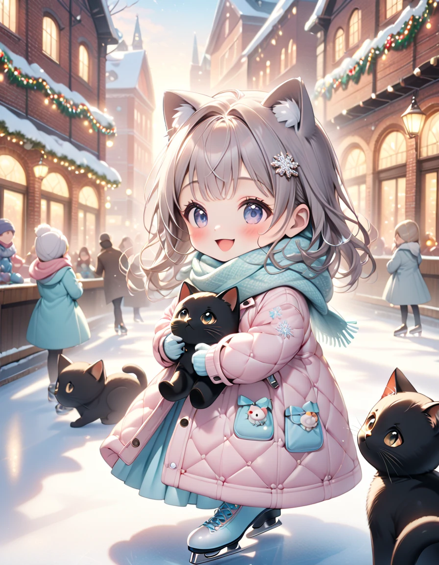 (masterpiece, ultra-detailed, best quality, clear focus, dramatic scene, cinematic), shadow, (ultra-high resolution, 8k), perfect anatomy, perfect face, (detailed face, detailed eye, chibi), cute Japanese chibi girl, famous Japanese chibi idol, very beautiful and cute and cool face, (wearing a pastel colored stylish winter outfit with long coat, woolen scarf and glove:1.2), (large breasts), (She is ice skating at an outdoor skating rink in the red brick warehouse district:1.3), the warehouses are festively decorated with Christmas illuminations, she looks so happy, happy smile, there are festively decorated Christmas trees, She demonstrates graceful ice skating technique., (she is holding a very cute giant black cat:1.3), the cat with scarf is mewing and purring