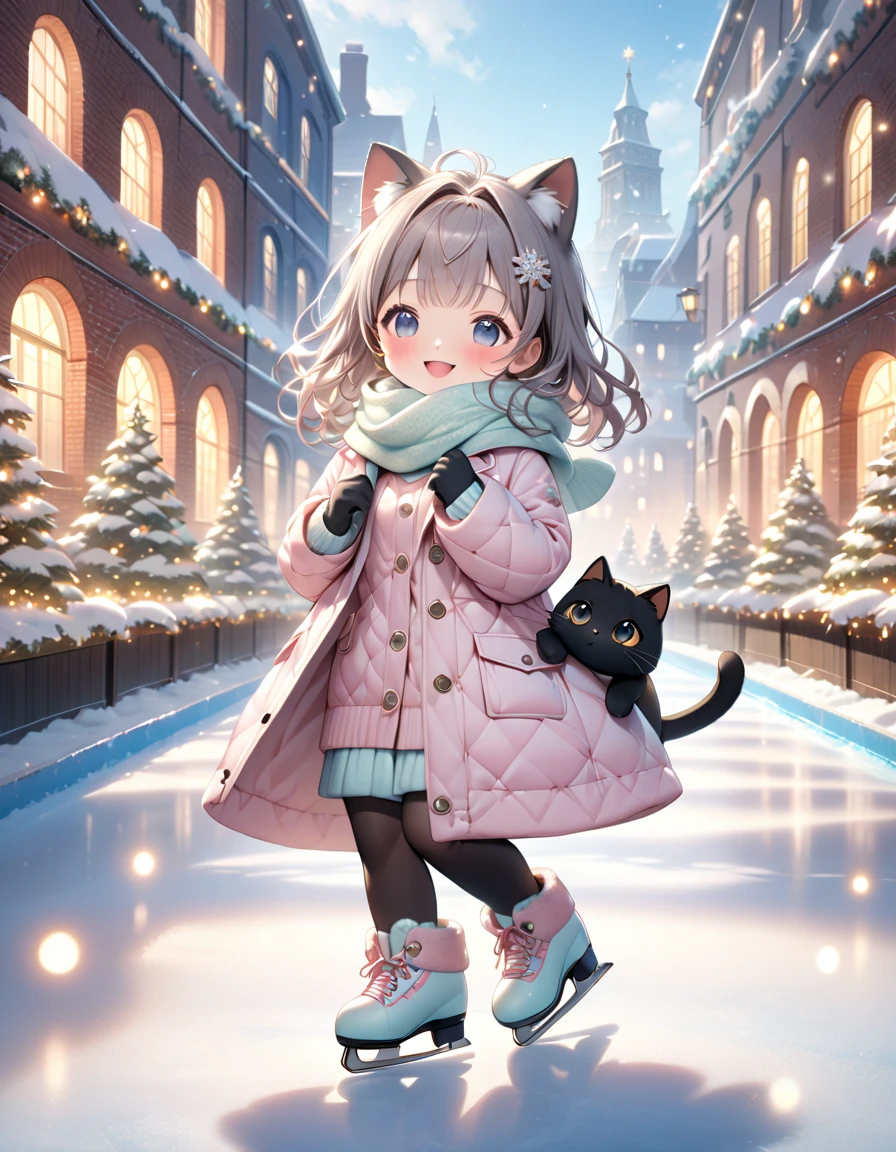 (masterpiece, ultra-detailed, best quality, clear focus, dramatic scene, cinematic), shadow, (ultra-high resolution, 8k), perfect anatomy, perfect face, (detailed face, detailed eye, chibi), cute Japanese chibi girl, famous Japanese chibi idol, very beautiful and cute and cool face, (wearing a pastel colored stylish winter outfit with long coat, woolen scarf and glove:1.2), (large breasts), (She is ice skating at an outdoor skating rink in the red brick warehouse district:1.3), the warehouses are festively decorated with Christmas illuminations, she looks so happy, happy smile, there are festively decorated Christmas trees, She demonstrates graceful ice skating technique., (she is holding a very cute giant black cat:1.3), the cat with scarf is mewing and purring