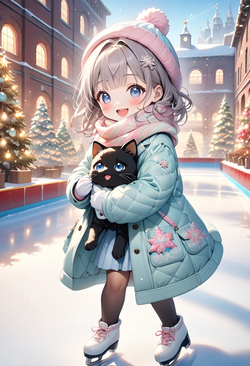 (masterpiece, ultra-detailed, best quality, clear focus, dramatic scene, cinematic), shadow, (ultra-high resolution, 8k), perfect anatomy, perfect face, (detailed face, detailed eye, chibi), cute Japanese chibi girl, famous Japanese chibi idol, very beautiful and cute and cool face, (wearing a pastel colored stylish winter outfit with long coat, woolen scarf and glove:1.2), (large breasts), (She is ice skating at an outdoor skating rink in the red brick warehouse district:1.3), the warehouses are festively decorated with Christmas illuminations, she looks so happy, happy smile, there are festively decorated Christmas trees, She demonstrates graceful ice skating technique., (she is holding a very cute giant black cat:1.3), the cat with scarf is mewing and purring