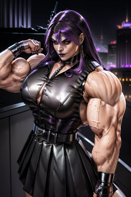 ((((Massive, tall, beautiful, buff, pale white skinned muscular woman with violet purple hair, black lipstick, ginormous bulky muscles, wearing a black gothic blouse with pleated skirt and tie)))), close view, (black lipstick), massive muscle, massive biceps, hyper muscle shoulders, (ginormous muscle arms), hyper muscle triceps, (long hair with long bangs), black eyes, choker, (chain belt), black boots, (spiked gauntlets), (fingerless gloves), (in a destroyed chaotic city), evil smile, night, hyper vascular arm, hyper muscles arms, hyper muscle legs, (ginormous arms).