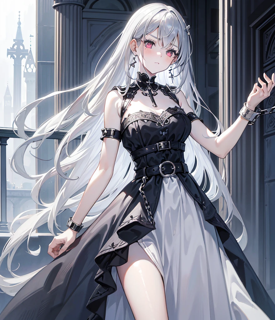 8k,High resolution RAW color art,Anime Art, (((Very detailed and cool))), Detailed skin, Blur、texture,(Exquisitely crafted, The finer details, Ultra-detailed art), (((One neutral)), Depth of written boundary, Silky Touch, Hyper Detail, (((Cool face))), eye shadow、Silver Marble Skin, Beautiful detailed red eyes, Beautiful lip detail, Very delicate face, Delicate depiction of hair and eyes, Delicate fashion, Silver earrings,Silver Bracelet、Full body depiction, Black high neck off shoulder、Black shorts、black waist cloak、black tights、 A little bit of grey hair, Straight Hair、Semi-long hair、(((Hair)))、silk clotheatte、Tree Eyes、Snowstorm、Transparency、Small breasts
