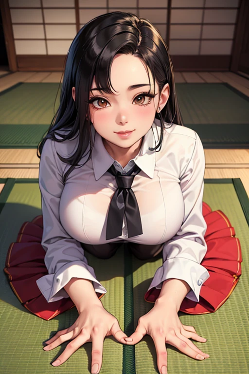 One girl, highest quality, Super detailed, masterpiece, Ultra-high resolution, 8k, Ridiculous, Cowboy Shooting, Focus on the girl, Embarrassing, blush, Lovely, Close one eye, With tears in her eyes and her mouth open, What saliva leaves behind, (arms behind head), (wariza), (china uniform), (cleavage),(crop top navel), Sticky panties, White lace panties, Classroom Background, (Videl:1.2), The skirt is accidentally exposed,alrge breasts, Accidentally exposed panties, Absolute area, Black knee socks