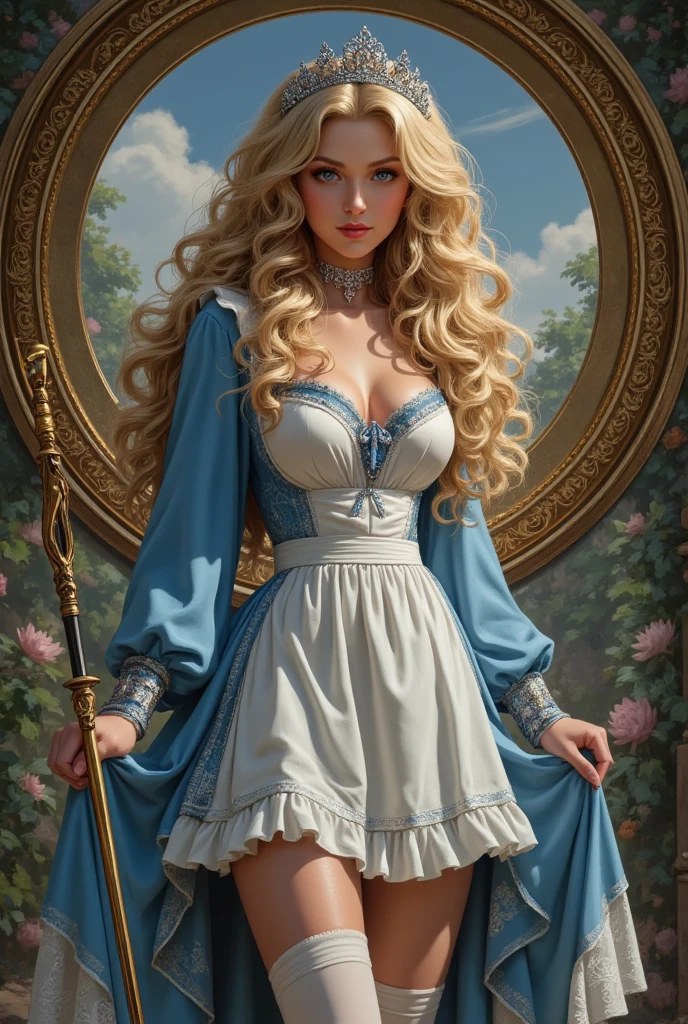 This is a digital painting in a highly detailed, hyper-realistic style, masterpiece, 1girl, solo, make her a sexy Alice in Wonderland with blonde hair, powder blue dress with white apron, white stockings, cleavage, dynamic, ultra high def, 32k, (perfect anatomy:1.5), perfect legs, in the style of Artgerm and Adam Hughes, perfect arms, downblouse, showing breasts, topless, This is a highly detailed digital illustration in a fantasy style. The central figure is a fitness woman with a curvaceous physique and ample breasts, standing confidently in a regal pose. She has long and voluminous curly, dark silver-gold hair cascading over her shoulders Up to the waist and striking blue eyes, Her skin tone is a warm, coral white, a delicate facial structure, and a soft, with  and elaborate jewelry,Incorporate the exquisite Gongbi painting style, depicting intricate and ornate costumesBatman: Arkham Asylum, the last of us, Neil Gaiman, DC Comics, completely covered in a safe for work ((traditionally fashion) )