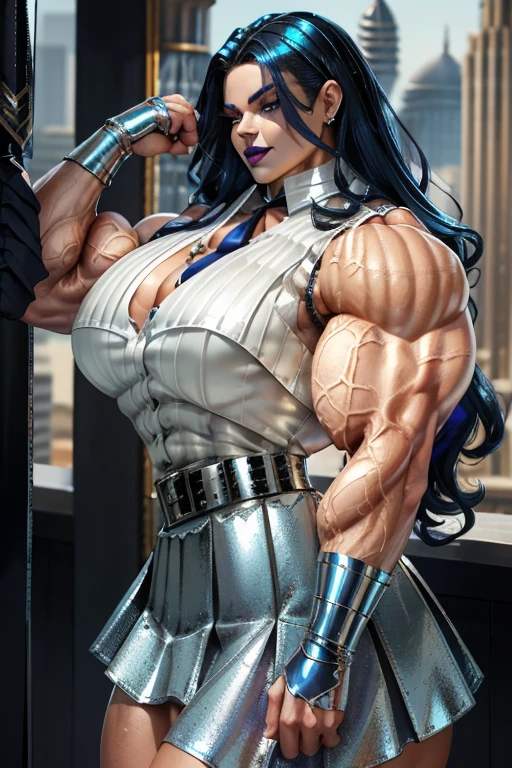 ((Close-up)), tall, (royal blue hair), beautiful muscular woman, long curly wavy hair, pale white skinned, closed smile, large breast, (black lipstick), (massive muscles), (hyper muscle), ((ginormous bulky muscles)), white eyes, (((sleeveless royal blue buttoned dress shirt))), ((black pencil skirt with belt)), (fingerless gloves), (necktie), college rooftop,