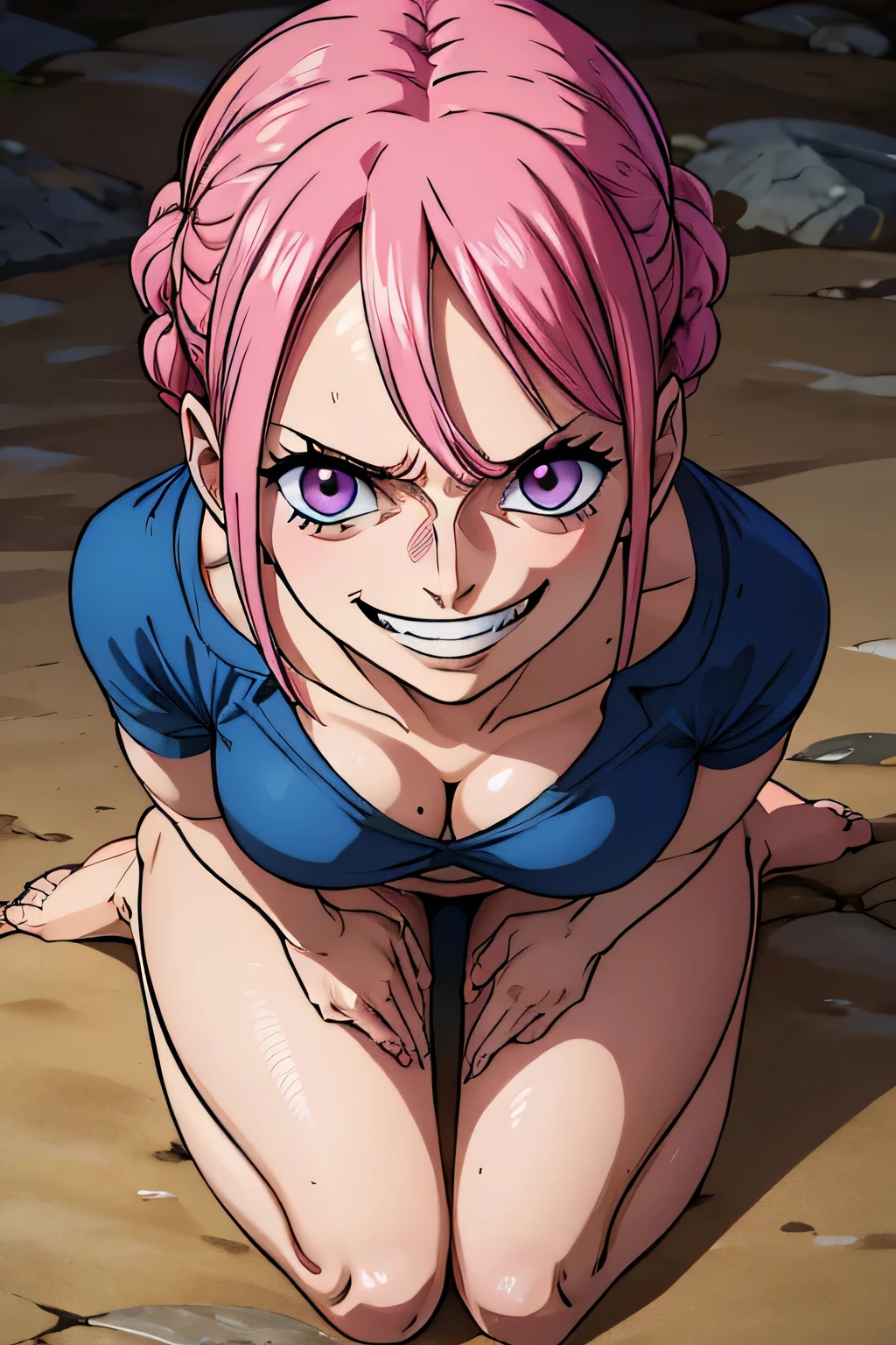 rebecca , evil face, evil smile barefoot, looks down on the viewer with contempt, barefoot, pink hairs, jupe courte et moulante, méchante envers le spectateur, insultant le spectateur, whitewashed eyes