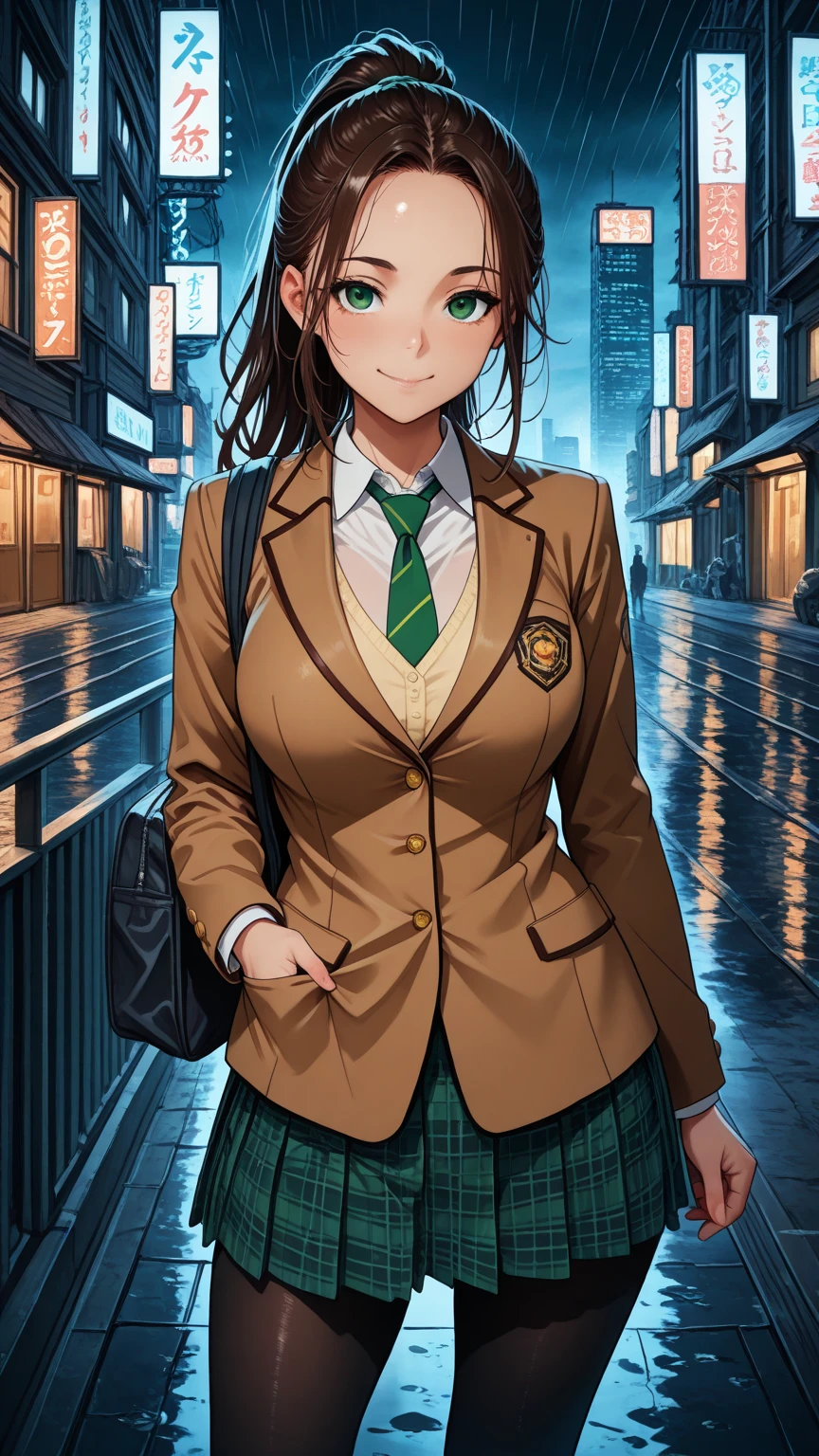 nsfw, masterpiece, best quality,amazing quality, semi-realistic detailed CG, ultra-detailed,Sharp Focus, high contrast, 1girl, detailed green eyes, slightly smile, detailed semi-long hair, dark brown silky hair,  forehead, sliced back hair, side ponytail, contrapposto, Captivating thighs, uniform, brown blazers, (hads in pocket, unbutton), Green tie, Plaid Pleated Skirt, black tights, rainy cyber city, at night