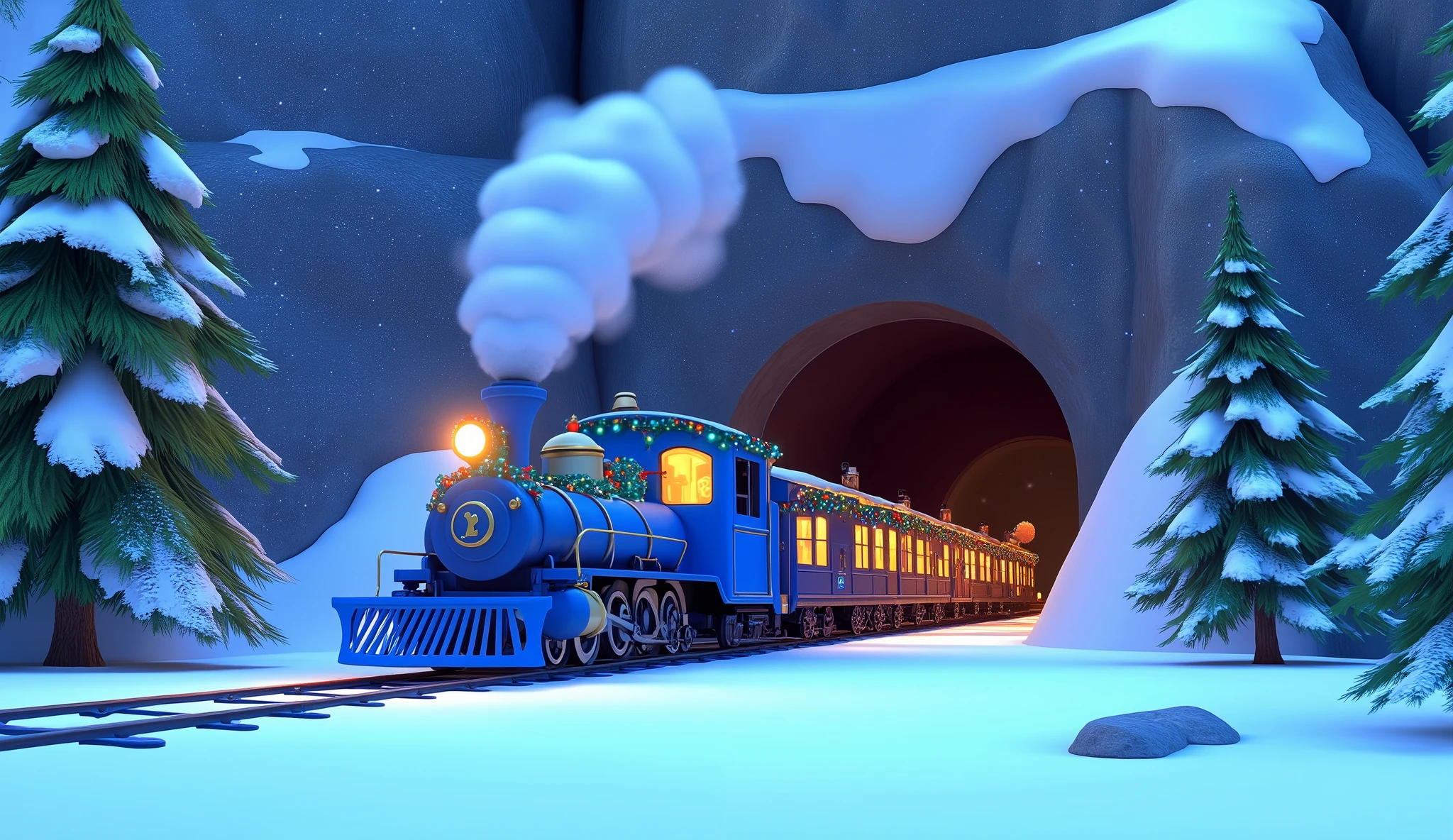 A wide Pixar-style cartoon shot of a blue Christmas train emerging from a snow-covered tunnel carved into the side of a towering mountain. The train’s bright blue wagons are adorned with glowing garlands, festive ribbons, and shining ornaments that sparkle against the frosty rock walls.  

The locomotive’s chimney releases a puff of white smoke that blends into the falling snow, while the frosted windows of the train emit a cozy golden glow. Around the tunnel, tall pine trees cling to the mountainside, their branches weighed down with thick layers of snow.  