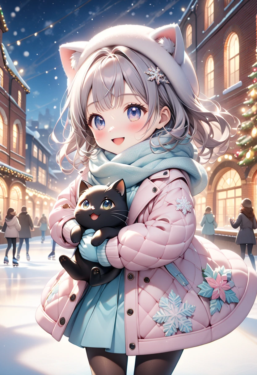 (masterpiece, ultra-detailed, best quality, clear focus, dramatic scene, cinematic), shadow, (ultra-high resolution, 8k), perfect anatomy, perfect face, (detailed face, detailed eye, chibi), cute Japanese chibi girl, famous Japanese chibi idol, very beautiful and cute and cool face, (wearing a pastel colored stylish winter outfit with long coat, woolen scarf and glove:1.2), (large breasts), (She is Figure skating at an outdoor skating rink in the red brick warehouse district:1.3), the warehouses are festively decorated with Christmas illuminations, she looks so happy, happy smile, there are festively decorated Christmas trees, She demonstrates graceful ice skating technique, (she is showing a Beautiful figure skating moves:1.2), (she is holding a very cute giant black cat:1.3), the cat with scarf is mewing and purring